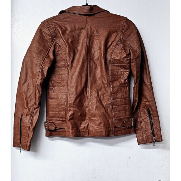 Made In Ecuador 100% Leather Classic Biker Style Tan Brown Women Jacket (M) - Picture 5 of 5